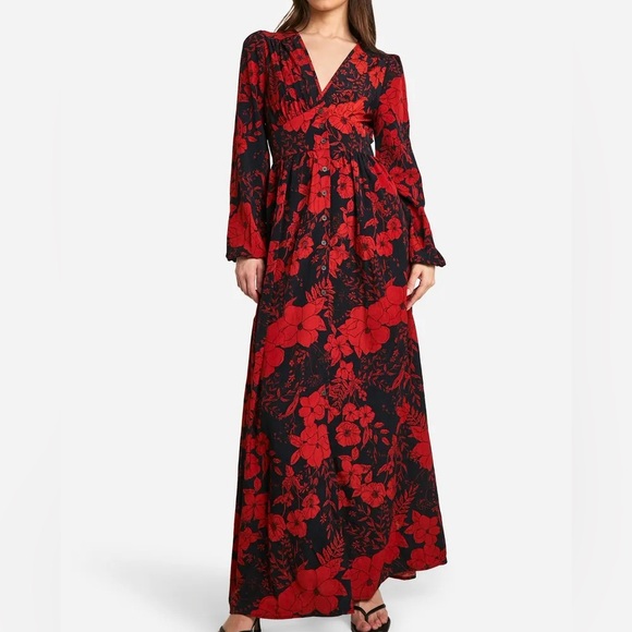 Boohoo Tall Floral Print Button Through Plunge Maxi- Size 14 (XL) - Picture 1 of 7